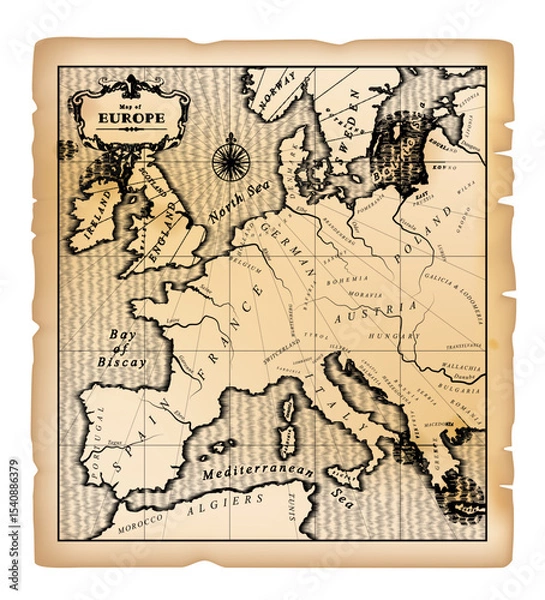 Fototapeta Old geographic map of Western, Central, Southern and Southeastern Europe in a free interpretation on a brown parchment. Drawing in black and white vintage engraving style. Vector Illustration
