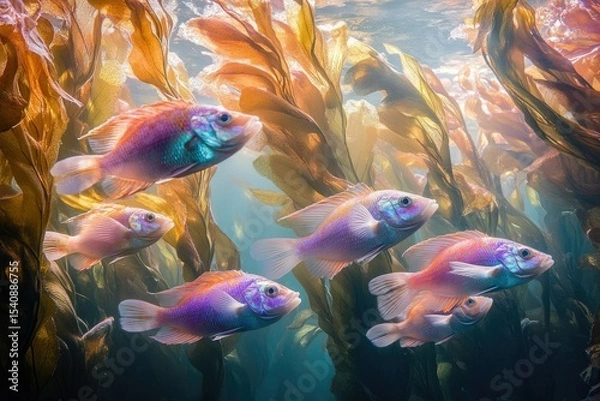 Obraz A vibrant school of fish swims through kelp forests in clear, turquoise waters, a serene underwater scene.