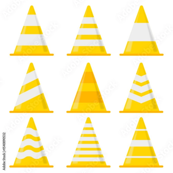 Fototapeta Traffic cones on a white background yellow color concept isolated set icons vector