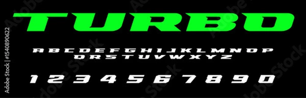 Fototapeta Turbo lettering font Vector silver effect graphic design. Apparel clothing prints eps svg png. Motorsport designs posters stickers. Download it Now in high resolution format and print it in any size