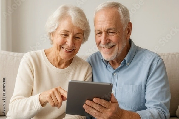 Fototapeta Smiling senior couple using a digital tablet together at home. Concept of aging, digital inclusion, online banking, news reading, and active lifestyle for older adults