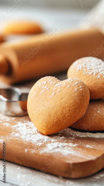 Fototapeta Heart-shaped Cookie Dough and Baked Cookies Create a Cozy Baking Atmosphere on a Wooden Table With Flour and Tools
