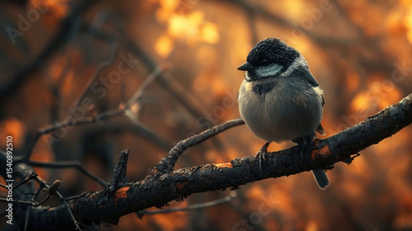 Fototapeta Bird Perched on a Burnt Tree Branch Amidst Wildfires in a Suburban California Neighborhood