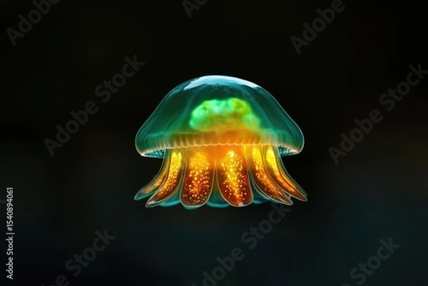 Fototapeta A captivating, bioluminescent jellyfish gracefully floats in the dark depths of the ocean, glowing with ethereal light.