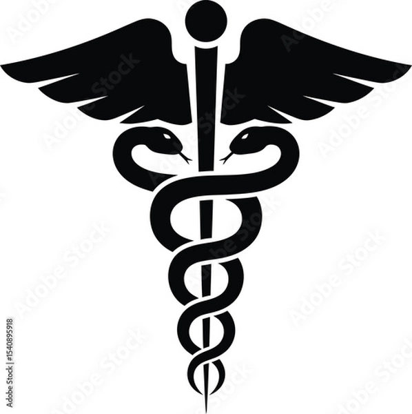 Obraz Caduceus symbol in silhouette represents medicine and healthcare with serpentine snakes and wings a classic emblem
