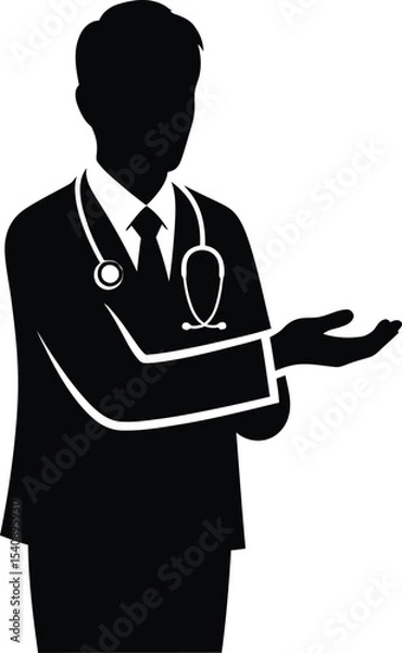 Obraz Silhouette illustration of a medical doctor offering gesture with stethoscope and formal attire on white background ideal for healthcare or medical themed designs