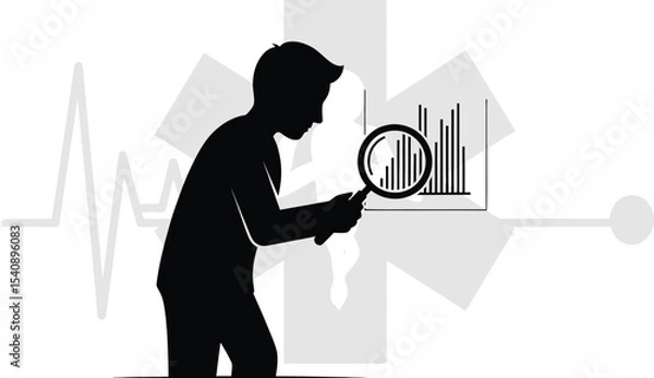 Obraz Silhouette of a person examining medical data charts using a magnifying glass for healthcare analysis and diagnostics