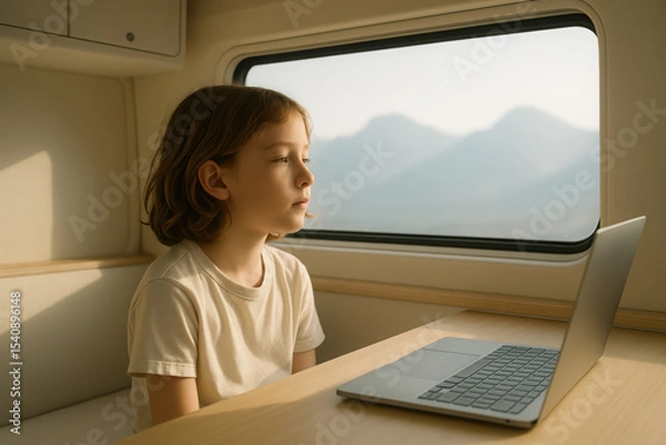 Obraz A 9-year-old child is sitting at a laptop in a travel van with a view of the mountains. Children of digital nomads. mobile education
