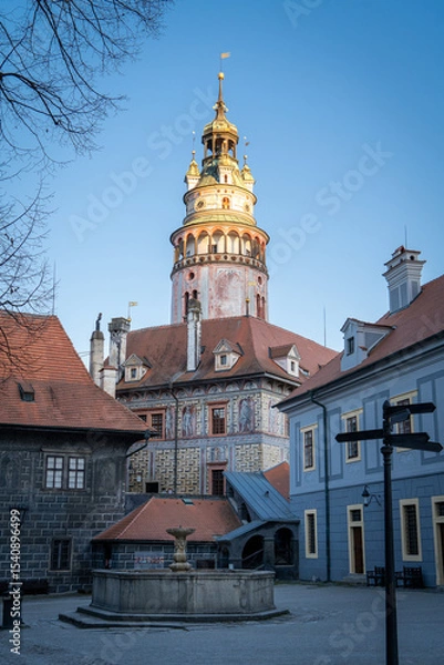 Obraz Vistas del patio central del Castillo de český krumlov, con su torre en el fondo
