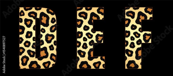 Fototapeta Vector font with jaguar's pattern on black background.
A set of cartoon letters of english alphabet for
women clothing, fabric, textile, paper, packaging, 
women's handbag, inscription on t-shirt.