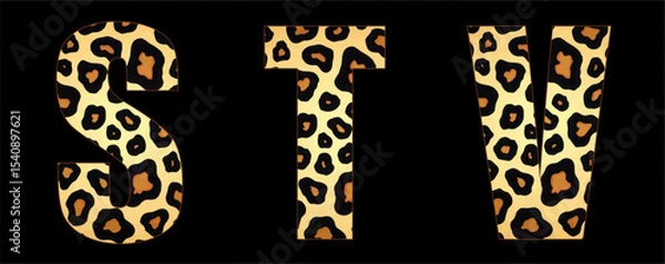 Fototapeta Vector font with jaguar's pattern on black background.
A set of cartoon letters of english alphabet for
women clothing, fabric, textile, paper, packaging, 
women's handbag, inscription on t-shirt.