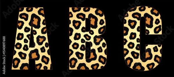 Fototapeta Vector font with jaguar's pattern on black background.
A set of cartoon letters of english alphabet for
women clothing, fabric, textile, paper, packaging, 
women's handbag, inscription on t-shirt.