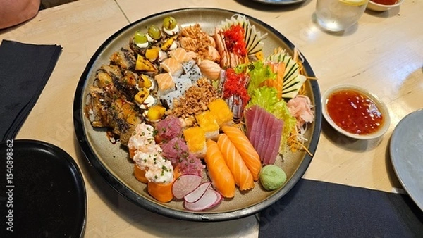 Fototapeta Assorted Sushi Platter with Nigiri, Rolls, Sashimi, and Garnishes