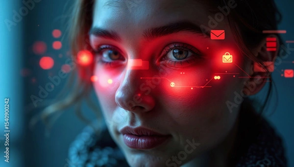 Fototapeta Futuristic portrait of a woman with glowing red data and icons projected onto her eyes, data privacy and surveillance concept with glowing icons
