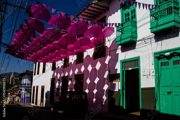 Fototapeta Jerico, Colombia - 16 January 2024. Beautiful streets of the Heritage Town of Jerico located in the Department of Antioquia in Colombia.
