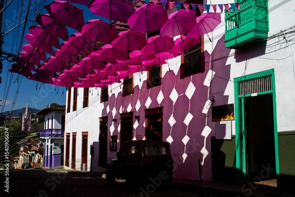 Fototapeta Jerico, Colombia - 16 January 2024. Beautiful streets of the Heritage Town of Jerico located in the Department of Antioquia in Colombia.