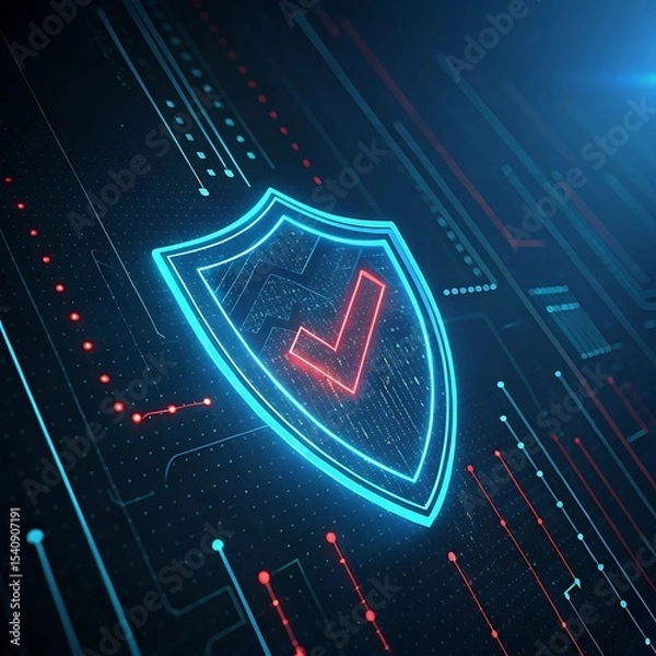 Fototapeta Cyber security shield with checkmark for data protection and network security solutions concept design