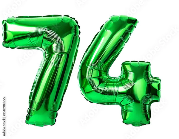 Obraz 数字の74の形の緑色の風船（Number 74 green foil balloon on white background）
