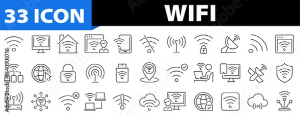Fototapeta Wifi 33 icon set. Wifi, online, signal, wireless, connect, hotspot, offline, wifi router, computer, radio, antenna, internet and more. Editable stroke. Vector illustration