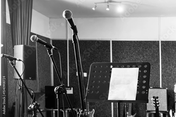 Fototapeta Musicians practice in a sound studio with microphones and sheet music present