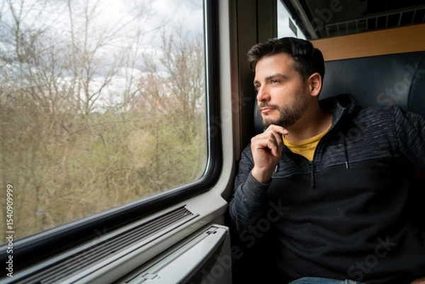 Obraz Hombre pensativo mirando por la ventana durante su viaje en tren