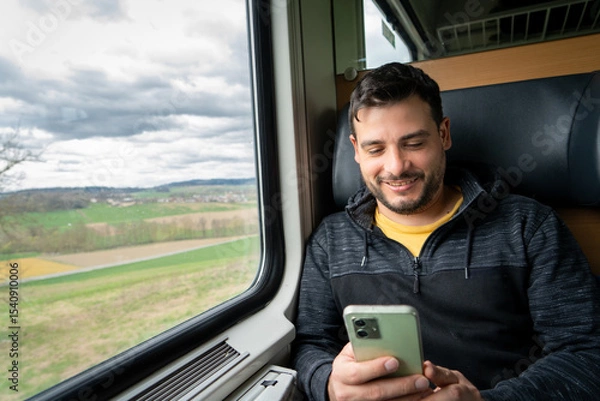 Obraz Hombre sonriente usando su celular mientras viaja en tren, sentado en la ventanilla