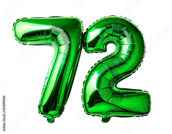 Obraz 数字の72の形の緑色の風船（Number 72 green foil balloon on white background）
