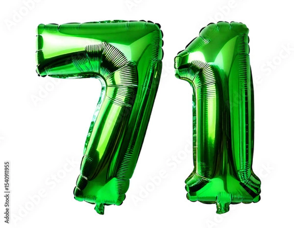 Obraz 数字の71の形の緑色の風船（Number 71 green foil balloon on white background）
