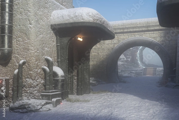 Fototapeta Entrance doorway of a futuristic concrete building with an arch leading to a science fiction fantasy circular portal. 3D rendered illustration..