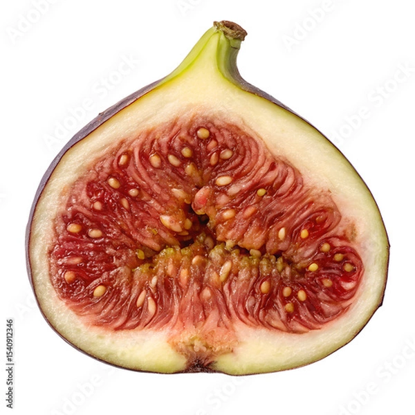 Fototapeta A sliced fig reveals its vibrant red interior filled with tiny seeds. The outer skin is purple and yellow, showcasing the fruit's unique texture and color.