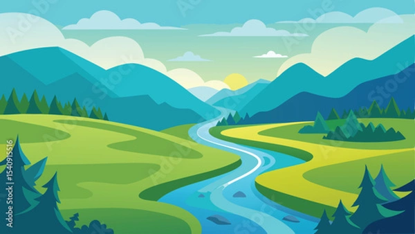 Fototapeta Scenic landscape illustration featuring mountains river and greenery in a flat design