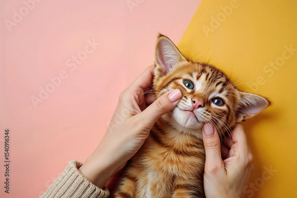 Fototapeta Playful hands gently making an adorable ginger tabby kitten smile on a colorful background, concept of happiness and joy with an adorable smiling cat