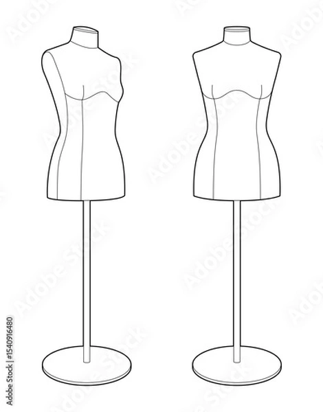 Fototapeta Black outline vector illustration of two female dressmaker mannequins. Fashion design and tailoring dummy forms on stands. Minimalist contour style on white background.