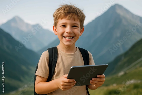 Obraz child learning on tablet during travel, Happy boy with tablet in mountain landscape on a sunny day