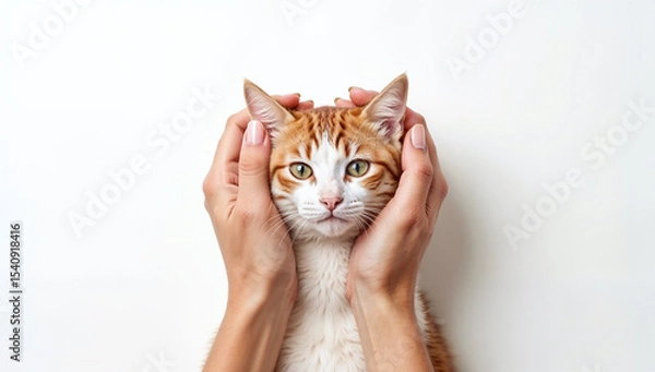 Fototapeta Caring hands gently holding the face of an adorable ginger cat on a white background, a symbol of love, care, and tenderness for a pet