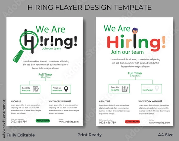 Fototapeta hiring, job, flyer, recruitment, template, design, advertisement, apply, application, work, career, opportunity, business, company, creative, modern, graphic, vector, illustration, document, layout, a