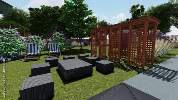 Fototapeta 3d image of the landscape design of the home territory. Landscaping of the territory. Computer visualization of composite landscaping and landscaping solutions. White garden.
