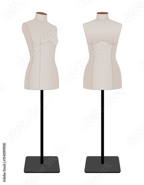 Fototapeta Realistic vector illustration of two female dressmaker mannequins on stands. Tailoring and fashion design forms for garment fitting. Isolated on white background.