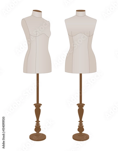 Fototapeta Realistic vector illustration of two female dressmaker mannequins on stands. Tailoring and fashion design forms for garment fitting. Isolated on white background.