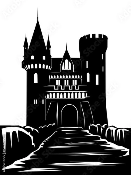 Obraz Medieval Castle and Bridge. Vector illustration in black and white colors. For your designs in old medieval architectural style