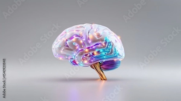 Fototapeta Abstract neon glowing human brain on grey background., brain activity. Scientific concept of mind, intelligence and memory. Technological background.