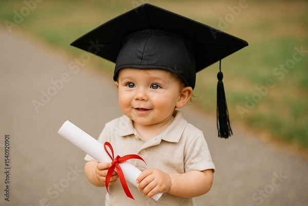 Obraz Adorable baby joyfully holding diploma in graduation cap outdoors