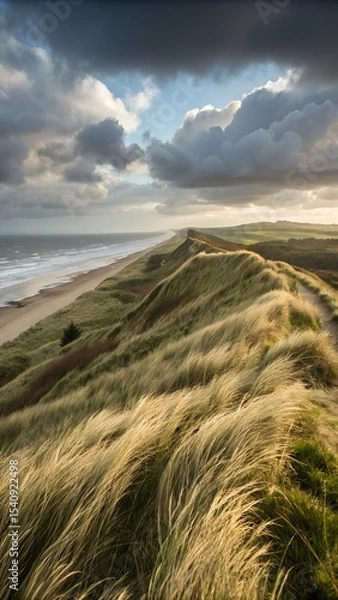 Fototapeta Coastal dune landscape with windswept grass and dramatic sky