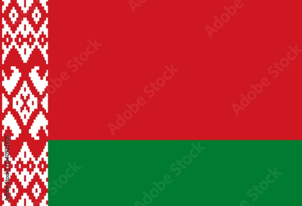 Fototapeta National flag of Belarus with red and green horizontal stripes and traditional ornamental pattern.