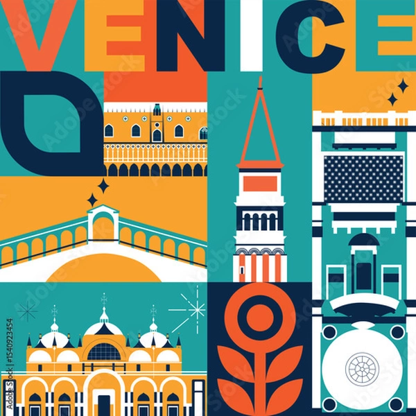 Obraz Venice culture travel set, famous architectures and specialties in flat design. Business travel and tourism concept isolated on white background. Image for presentation, banner, website, app, advert