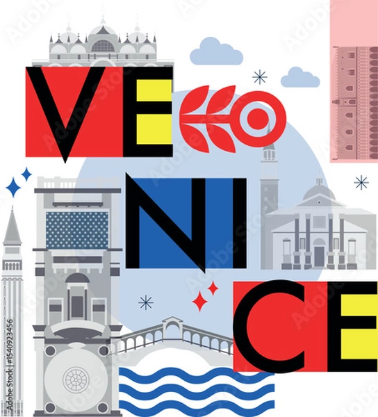 Obraz Venice culture travel set, famous architectures and specialties in flat design. Business travel and tourism concept isolated on white background. Image for presentation, banner, website, app, advert