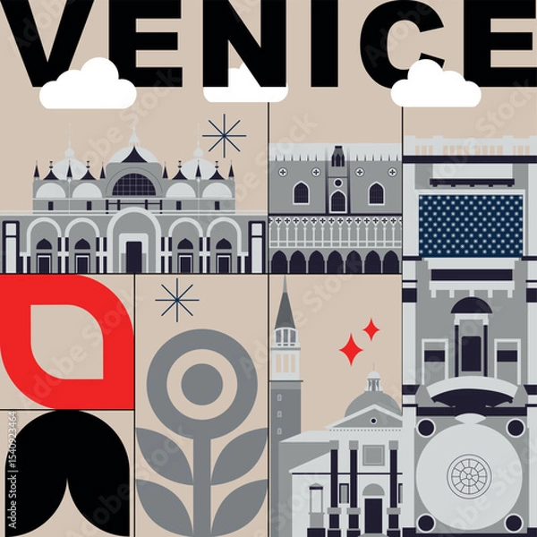 Obraz Venice culture travel set, famous architectures and specialties in flat design. Business travel and tourism concept isolated on white background. Image for presentation, banner, website, app, advert