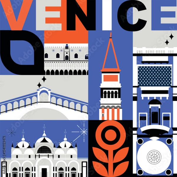 Obraz Venice culture travel set, famous architectures and specialties in flat design. Business travel and tourism concept isolated on white background. Image for presentation, banner, website, app, advert