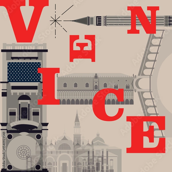 Obraz Venice culture travel set, famous architectures and specialties in flat design. Business travel and tourism concept isolated on white background. Image for presentation, banner, website, app, advert