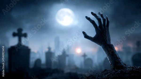Obraz Zombie hand rising out of a graveyard in a foggy night with full moon